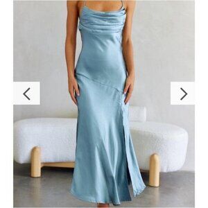 NWT Billy J Boutique Blue Midi Satin Slit Formal Wedding Guest Women’s Size 2